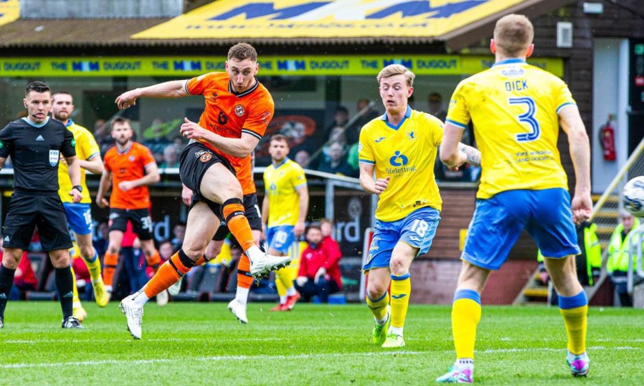 Louis Moult of Dundee United in action against Raith Rovers.