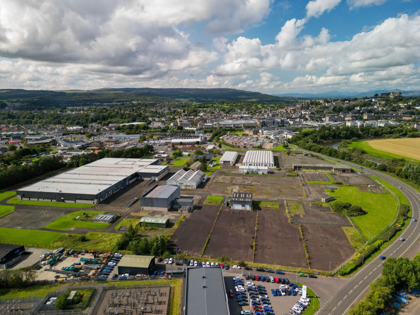 Drone image of the MoD land at Forthside, Stirling. 