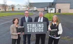 Pictured at the former MoD land that will become Stirling Studios are (from left) Isabel Davis, Executive Director of Screen Scotland; UK government minister for Scotland John Lamont MP; Stirling Council Leader, Cllr Chris Kane; Stirling Council chief executive, Carol Beattie.