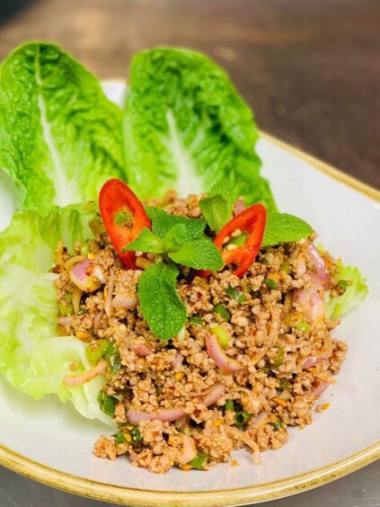 Wondering where to eat dinner in Montrose? Check out this Thai duck red curry. The image shows diced duck with chillies and onions on a bed of lettuce. 