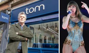 Thomas McKiver outside his new salon, tom, on Union Street (L); Taylor Swift pictured during Eras Tour (R).