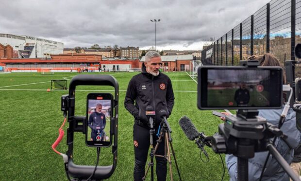Dundee United manager Jim Goodwin speaking to the media at Foundation Park.