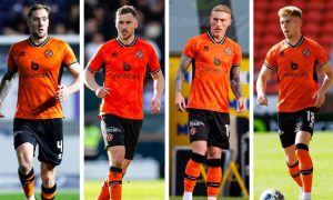 (Left to right) Kevin Holt, Louis Moult, Craig Sibbald and Kai Fotheringham in action for Dundee United