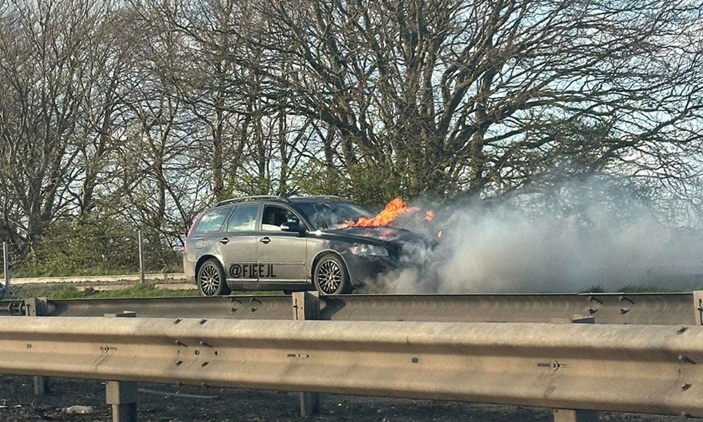 A car on fire on the A921 near Kirkcaldy.