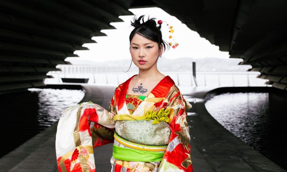 Model Sally Pritchett wearing an antique kimono at V&A Dundee ahead of the opening of the new exhibition Kimono: Kyoto to Catwalk.