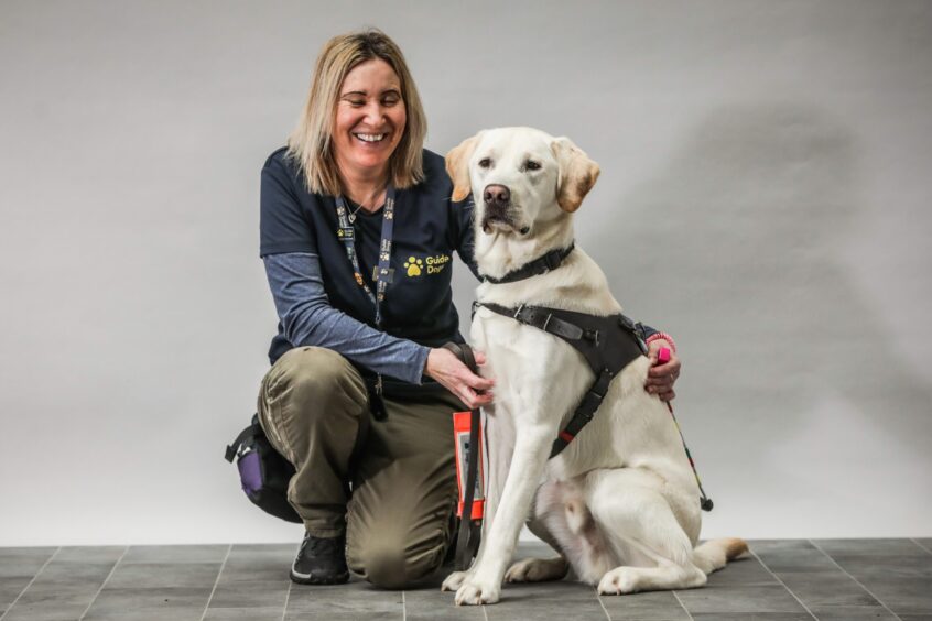 Technical learning specialist Shirley Stewart with yellow lab/golden retriever Quince in Forfar.