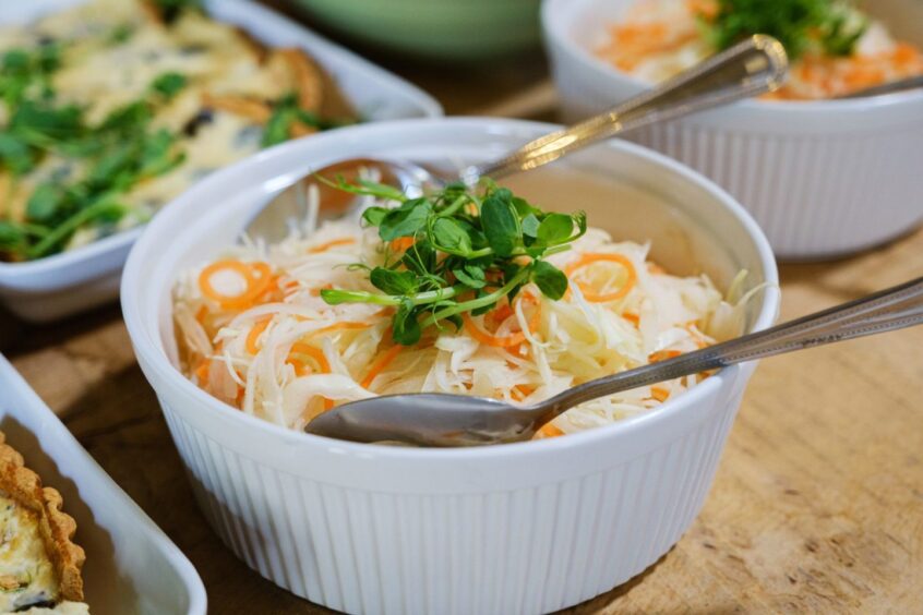 A white bowl filled with colourful coleslaw without cream.