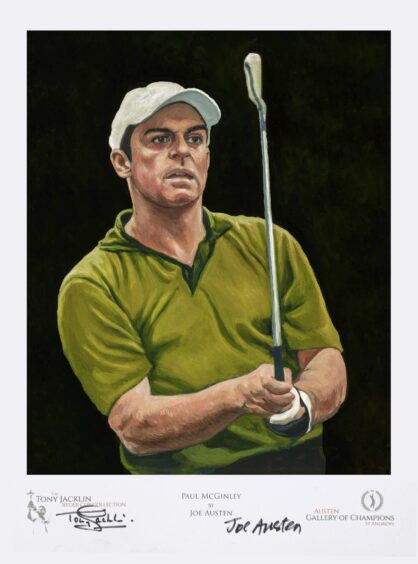 Joe Austen portrait of golfer Paul McGinley in green shirt and white cap