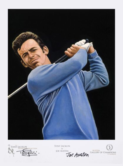 Portrait of Tony Jacklin in blue jumper swinging golf club