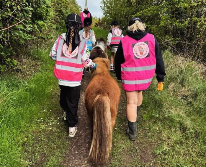 Youngsters attending a pony party go for a walk. Image: North Fife Therapy Ponies.