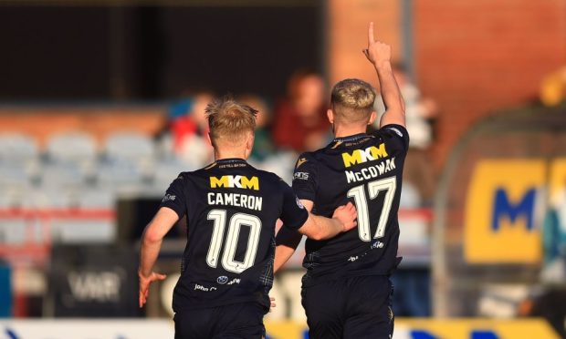 Lyall Cameron and Luke McCowan celebrate at Dens Park - the pair had brilliant seasons for Dundee. Image: David Young/Shutterstock