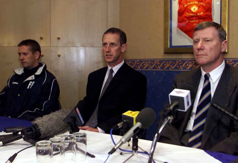 Billy Stark is unveiled as St Johnstone's new manager. (L-R) Assistant manager Billy Kirkwood, Stark and vice-chairman Ian Dewar.