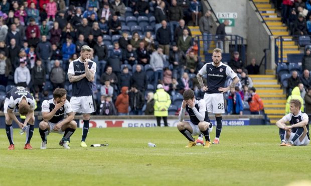 Devastated Raith Rovers players following their relegation via the play-offs in 2017