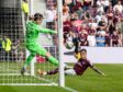 Kenneth Vargas makes it 1-0 to Hearts in the first half against Dundee. Image: Shutterstock