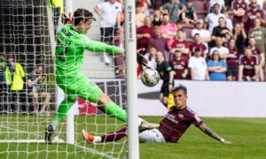 Kenneth Vargas makes it 1-0 to Hearts in the first half against Dundee. Image: Shutterstock