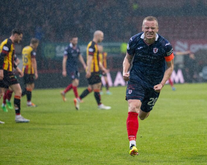 Scott Brown runs away with clenched fists after making the breakthrough for Raith Rovers against Partick Thistle.