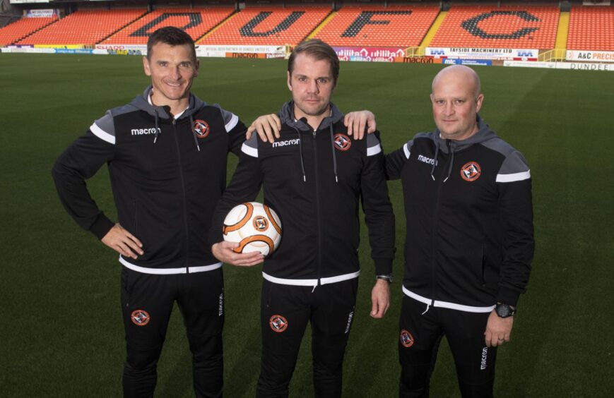 (L-R) Coach Lee McCulloch, manager Robbie Neilson and assistant Gordon Forrest during their time at United