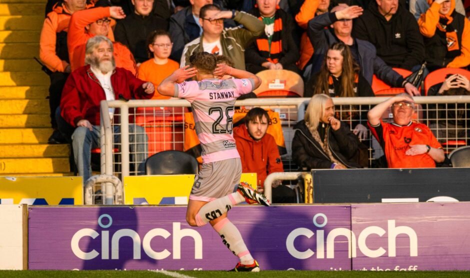 Ben Stanway relishes the moment after giving Partick Thistle the lead at Dundee United 