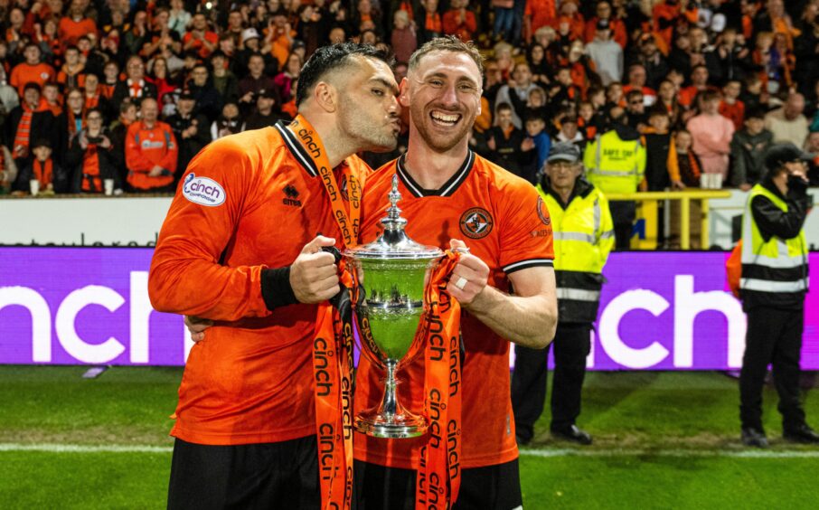 Sealed with a kiss: Dundee United's prolific strike-pair Tony Watt, left, and Louis Moult