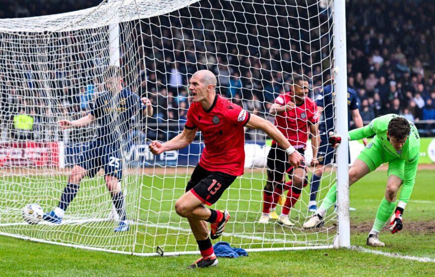 St Mirren celebrate at Dens Park. Image: SNS