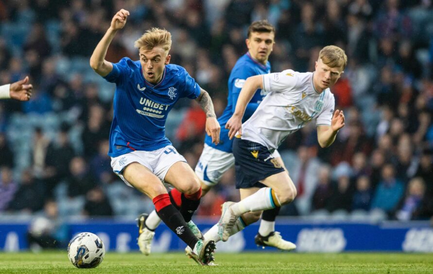 Lyall Cameron takes on Rangers. Image: SNS