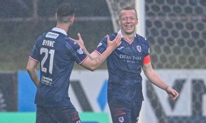 Scott Brown is congratulated by Shaun Byrne after opening the scoring for Raith Rovers.