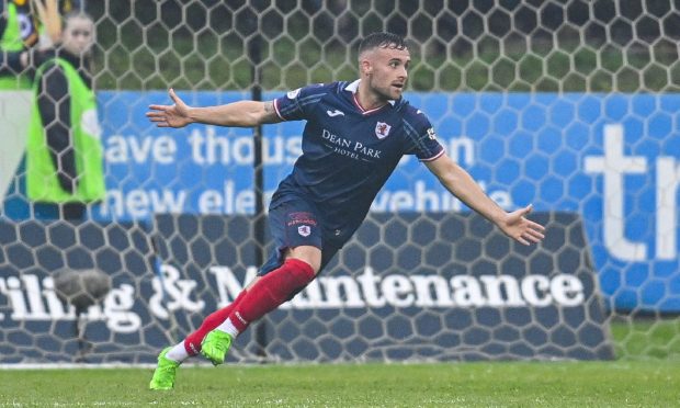 Lewis Vaughan celebrates after scoring Raith Rovers' crucial second goal against Partick Thistle.