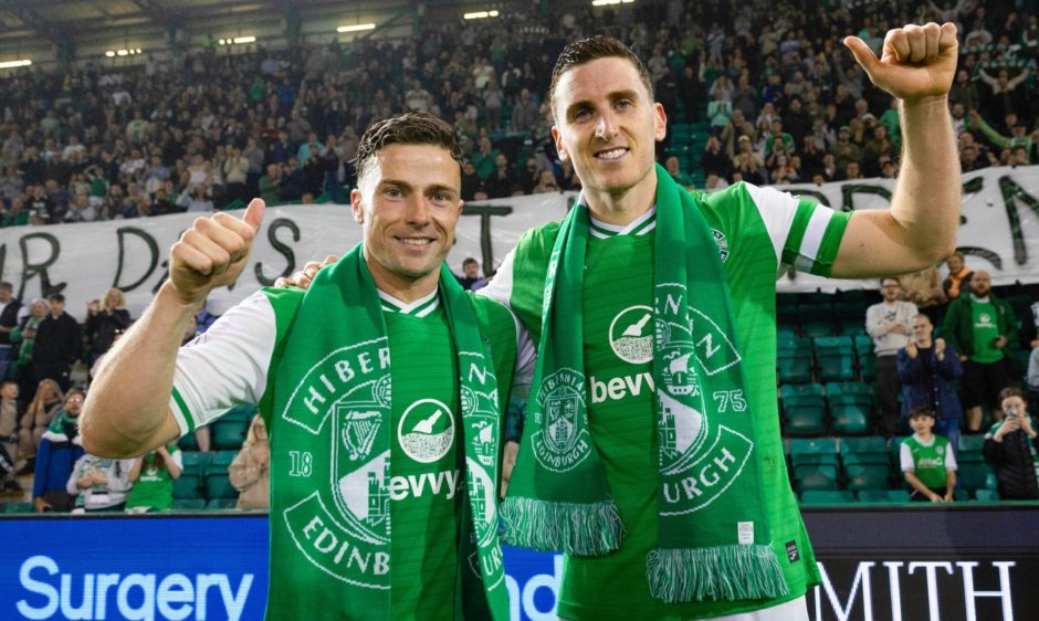 Lewis Stevenson and Paul Hanlon give the thumbs up to the camera in their final game for Hibs at Easter Road.