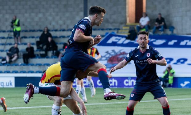 Ross Matthews scores for Raith Rovers in their play-off triumph over Partick Thistle.
