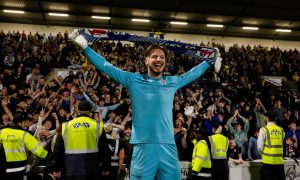 Kevin Dabrowski in front of a sold-out Raith Rovers end following the play-off victory over Patrick Thistle.