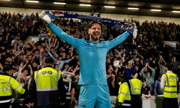 Kevin Dabrowski in front of a sold-out Raith Rovers end following the play-off victory over Patrick Thistle.