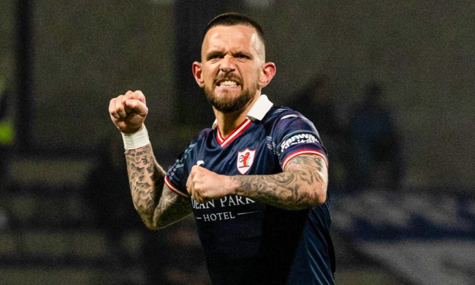 Dylan Easton celebrates Raith Rovers' Premiership play-off semi-final win over Partick Thistle.