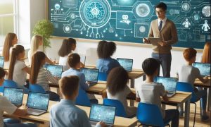 An AI-generated image depicting AI in the classroom, created for this article. Image: DALL-E3.