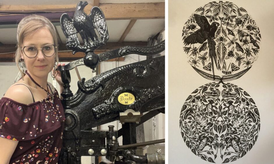 Artist Beth Robertson with her printing press 'Dante' and one of her original artworks. 