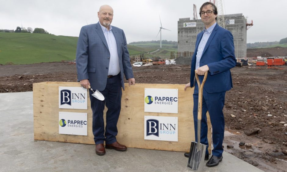 Allan MacGregor, CEO of Binn Group; and Sebastien Petithuguenin, CEO of Paprec Energies on the site of the new facility in Perthshire. 