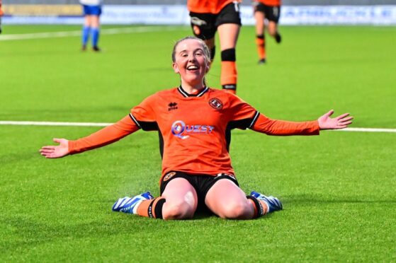 Brodie Greenwood celebrates her winning goal for Dundee United women. Image: Richard Wiseman