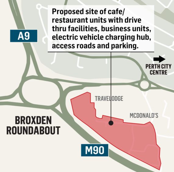 Map showing area covered by the two applications, next to Broxden roundabout, Travelodge and McDonalds on edge of Perth