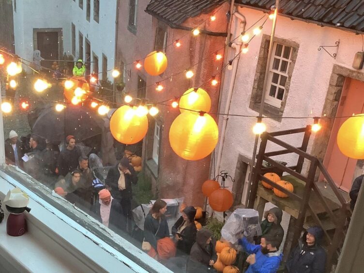 Film crew in the street in Culross.