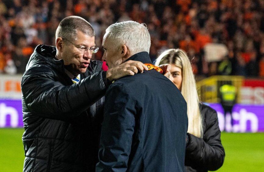 SPFL CEO Neil Doncaster, left, was present to hand the medal to Jim Goodwin