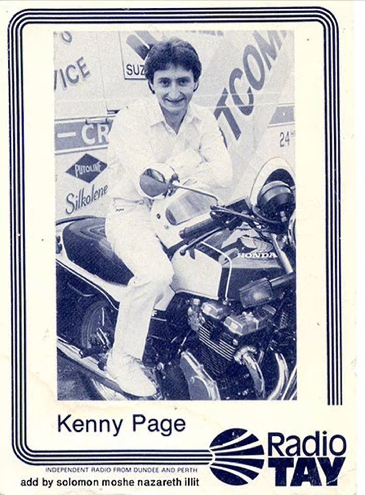  Kenny Page sitting on a motorbike in an advert for Radio Tay