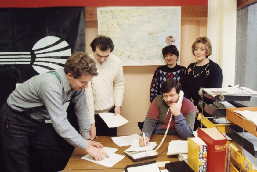 Radio Tay's Snowline staff working in the studio in 1993. 