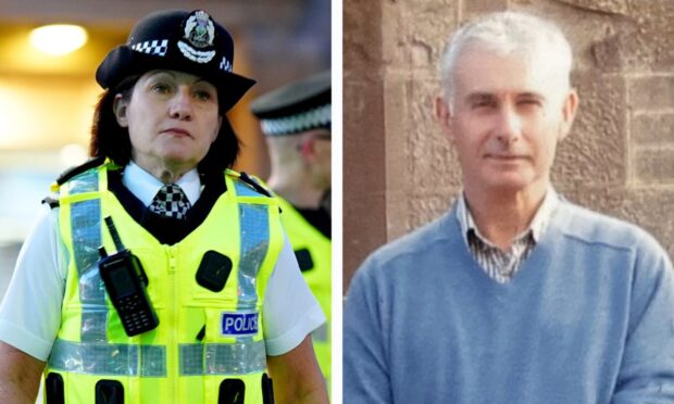 Police Scotland Chief Constable Jo Farrell and Brian Low from Aberfeldy. Image: Jane Barlow/PA Wire/Jacqui Low