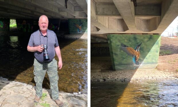 Gordon Muir and a kingfisher under the A9 overpass of the River Almond in Perth.