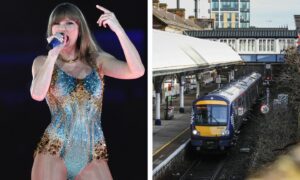 An image if Taylor Swift performing next to a train leaving Dundee Station.