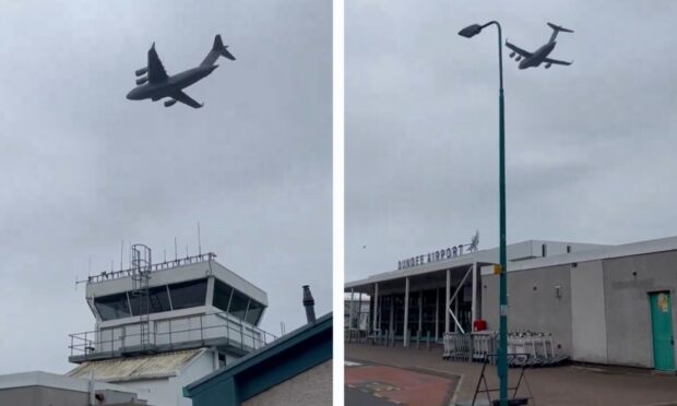 RAF aircraft flies over Dundee Airport