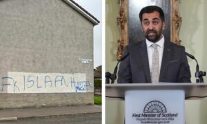 The racist graffiti apparently aimed at Humza Yousaf in Broughty Ferry. Image: PA Wire/Supplied