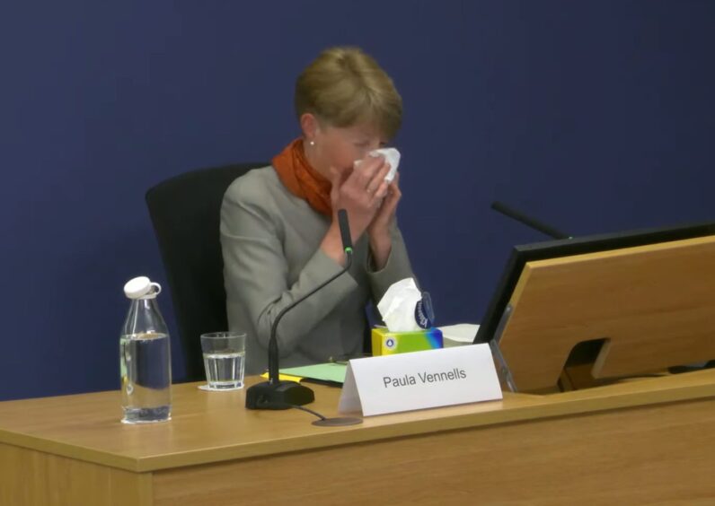 Paula Vennells blowing nose at Post Office inquiry 