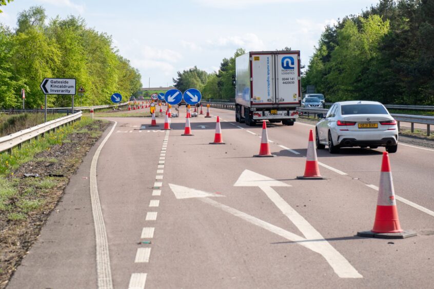 The A90 is down to one lane. Image: 