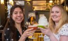 Two women clinking their cocktail glasses together.