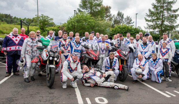 Bikers dressed as Evel Knievel passed through Perth today on their epic charity ride from Land's End to John O'Groats. Image: Kenny Smith/DC Thomson